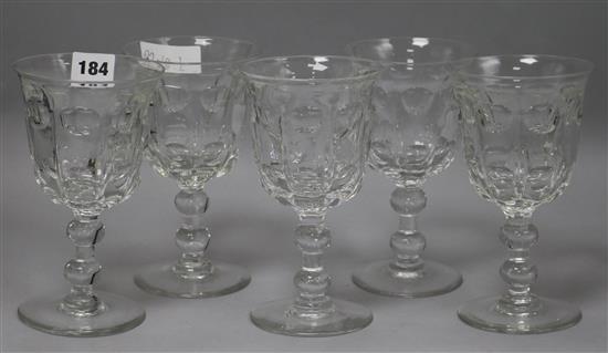 A set of five Victorian wine glasses with moulded bowls